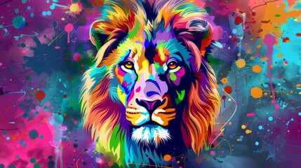  Painting of a lion's face with colorful paint splatters on a black background