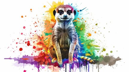  A meerkat sits on top of splashed colors against a white backdrop in a painting