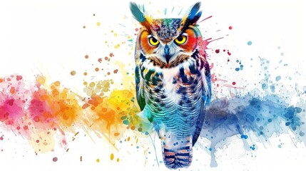  A yellow-eyed owl perches against a mosaic backdrop of splashed paint colors
