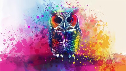  Colorful owl with red eyes on branch with painted background - obrazy, fototapety, plakaty