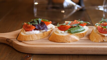 Experience rich flavors of cheese showcased bruschetta arrangement Indulge in simplicity of...