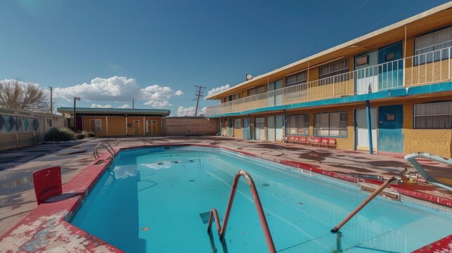 Abandoned motel with empty swimming pool and vintage architecture.