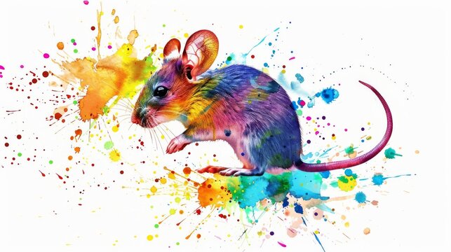  A depiction of a mouse with paint spots covering its frame and a disembodied mouse head protruding from within