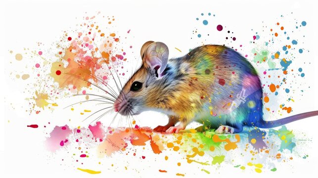  A watercolor painting depicts a mouse on a white canvas with scattered paint spots