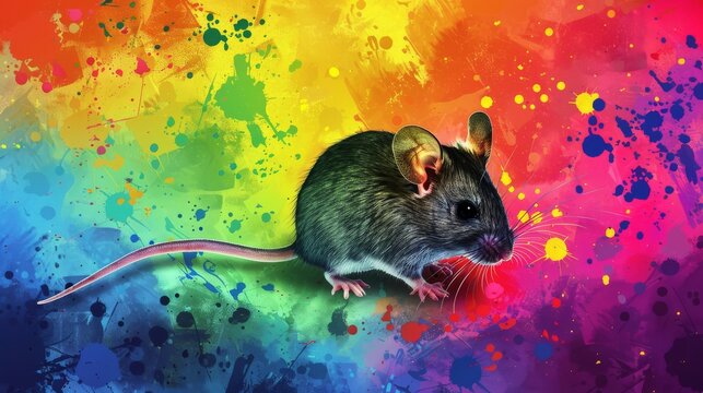  A rat perched atop a vibrant rainbow-hued canvas with a splattering of paint