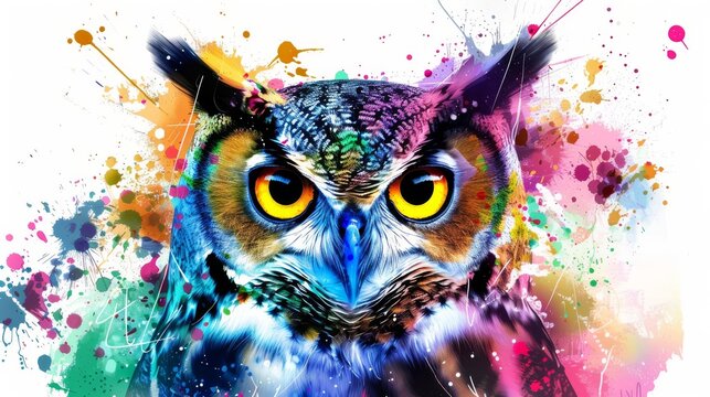  A sharp, detailed image of an owl with a splattered face and painted eyes in close-up