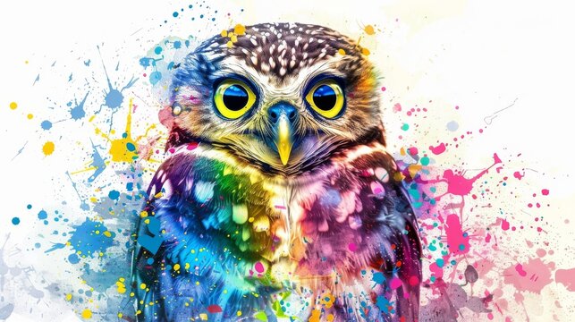  Watercolor of owl, yellow eyes, multicolored splatters, white background