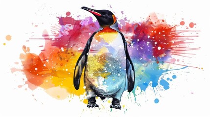  Watercolor of penguin in black, red, yellow, and blue beak against white background - obrazy, fototapety, plakaty