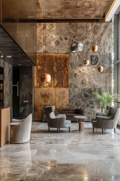 Modern hotel lobby interior with luxurious marble textures and elegant furniture