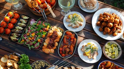 Outdoor barbecue party spread on wooden table.