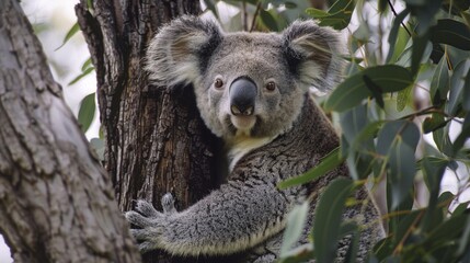 Koala climbing a tree and looking to the camera. Cute animals.