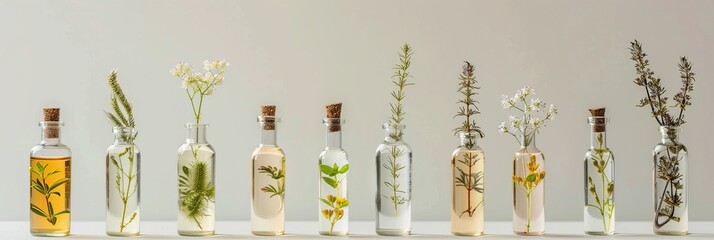 Herbs in glass bottles on a white background. Selective focus.