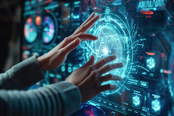Close-up of hands interacting with holographic interfaces. High technology concept.