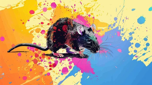  A painting depicts a rat seated on a colorful, splattered background with multicolored elements in the foreground