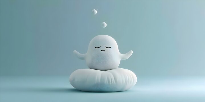 Meditation Cushion Character Floating in Peaceful Serenity with Copy Space for Mindfulness and Wellness Concepts