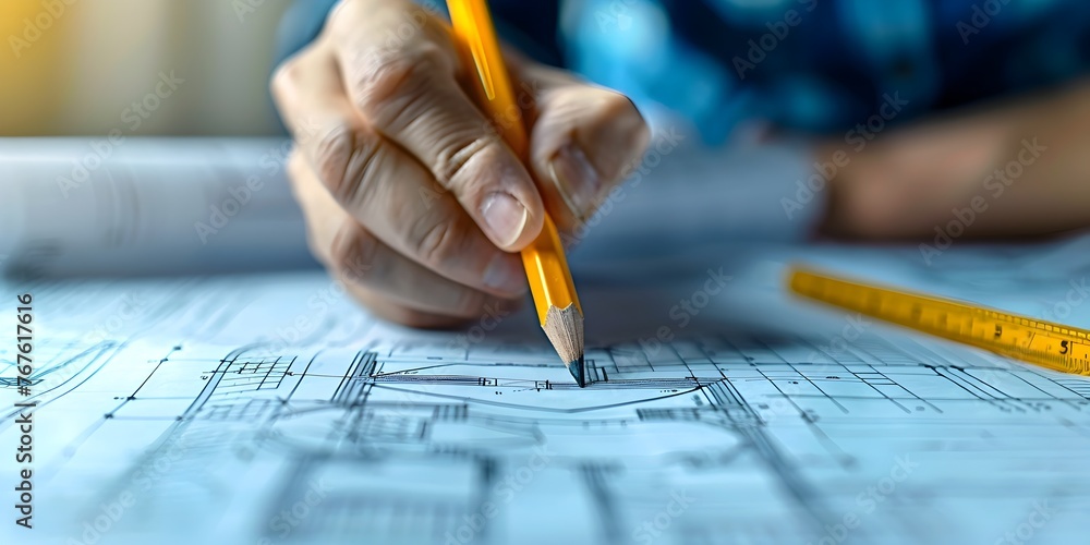 Poster architect designing blueprints for innovative building project in workspace