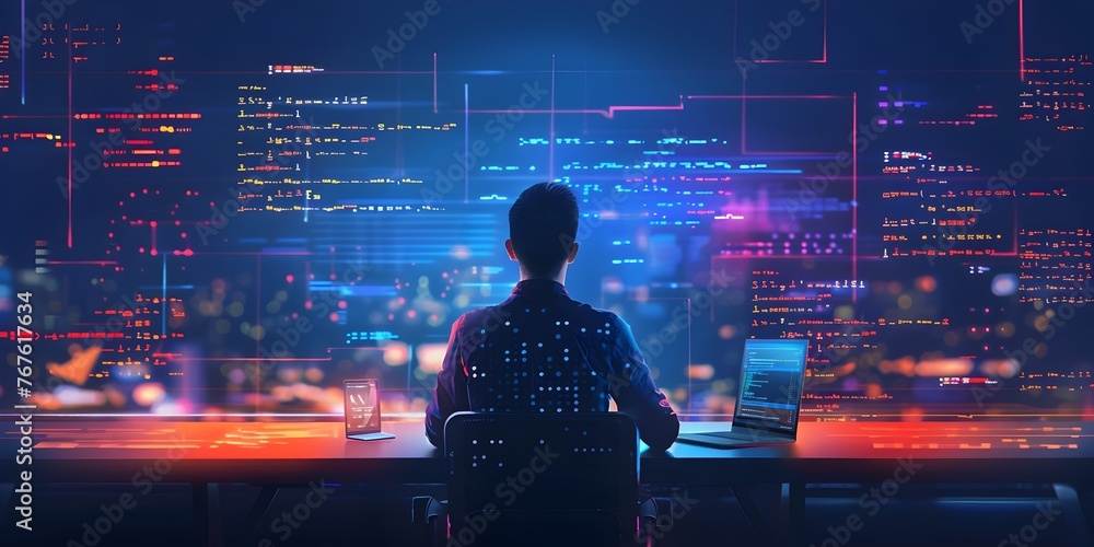 Poster futuristic software developer surrounded by immersive virtual cityscape and code visualization