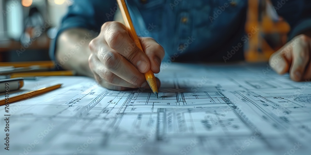 Poster architect designing building blueprints for innovative architectural development