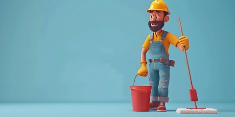 a cheerful friendly cartoon janitor character standing with a mop and bucket conveying a sense of pride - obrazy, fototapety, plakaty