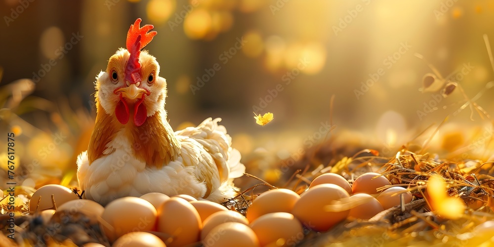 Poster A Chicken Resting Amidst a Nest of Precious Golden Eggs in a Serene Autumn Countryside Setting with Ample Copy Space