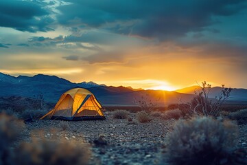 Camping tent in the mountains at sunset. Travel and wanderlust concept - obrazy, fototapety, plakaty