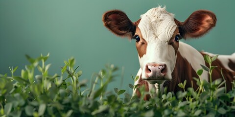 Eco Friendly Dairy Cow Character in Sustainable Meadow Landscape - obrazy, fototapety, plakaty