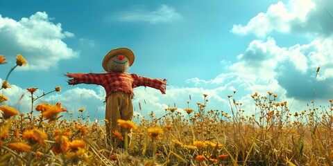 Vibrant Farmland Guardianship Loyal Scarecrow Protector Overseeing Scenic Countryside Landscape - obrazy, fototapety, plakaty
