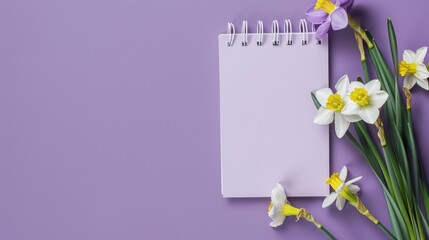 Notebook with blank pages surrounded by white narcissus flowers on a purple background