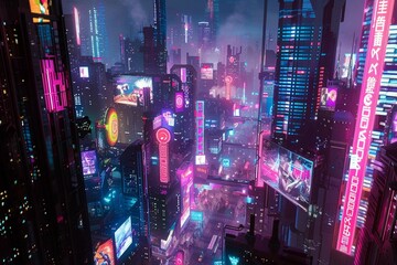 A sprawling cyberpunk cityscape bathed in the neo