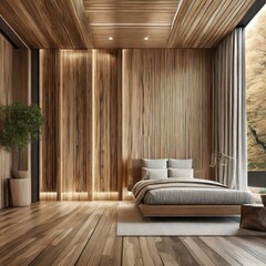 modern living room with sofa.a stunning 3D rendering showcasing modern luxury house panels adorning the walls of a sophisticated room, seamlessly blending with a rich wood wall. Highlight the sleek li - obrazy, fototapety, plakaty
