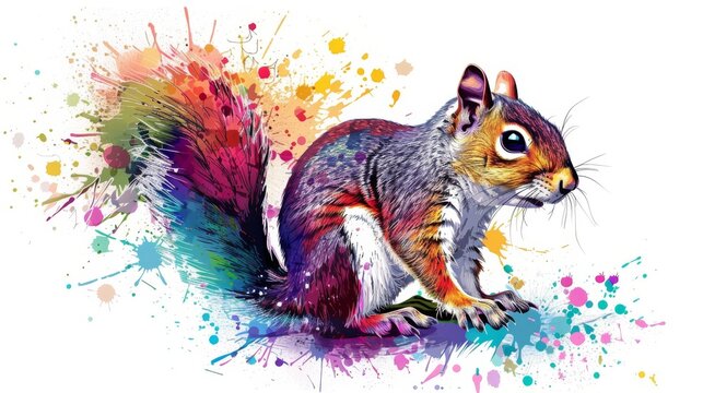  A watercolor depiction of a squirrel with vibrant paint splatters on its hind legs