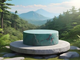Flat blue round stone podium on rock platform green forest natural landscape background
