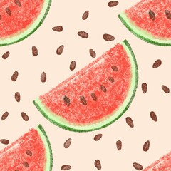 Colorful watermelons and seeds on peach color backdrop , Illustration seamless pattern  background 