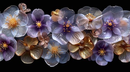  A close-up of several flowers on a black background, with one at the center and the other near the edge of the image