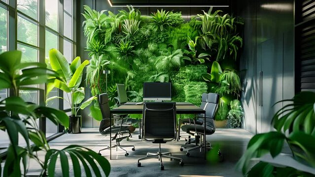 Pushing towards a modern meeting room table with chairs surrounded by living houseplants