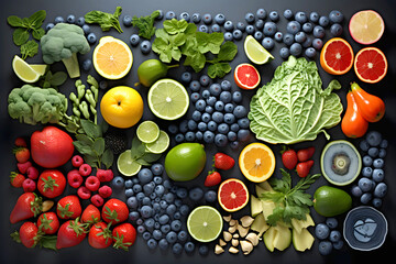 harvest different fruits berries and vegetables on a dark background. products and food. view from above
