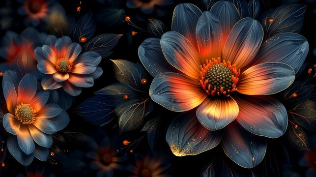  A high-resolution close-up photo of an orange and blue flower on a dark background, with its petals clearly visible