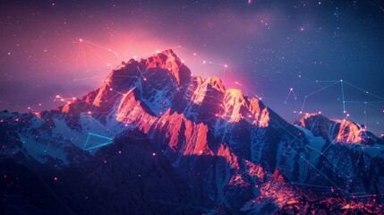 A digital mountain with a flag and a professional climber on top. Abstract goal achievement concept. Technology dark blue background with peaks and constellations. - obrazy, fototapety, plakaty
