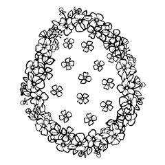 Easter egg flower background, hand drawn floral elements for spring holiday. Black and white line art compositions for coloring page. Vector illustrations for card or invitations