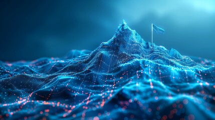 Low poly wireframe modern illustration in futuristic modern style featuring an abstract digital mountain, flag, and stairs on a technological blue background. Leadership concept. Goal achievement - obrazy, fototapety, plakaty