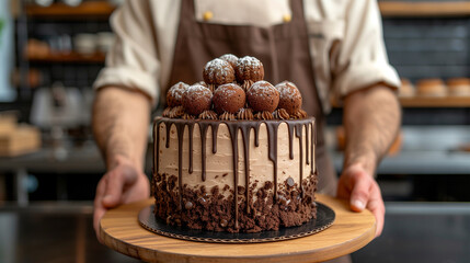 Chocolate Cake With Chef Hand Background