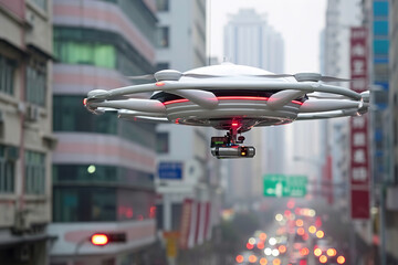Hovering drones or robots as part of daily life in the city.