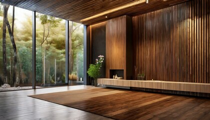 interior of a room with a window.an immersive 3D visualization featuring sleek modern house panels installed within an elegant room, harmonizing with a wooden accent wall to exude luxury and style. Pa
