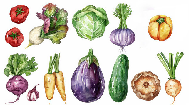 Beautiful set with watercolor hand drawn different vegetable paintings, watercolor illustration 