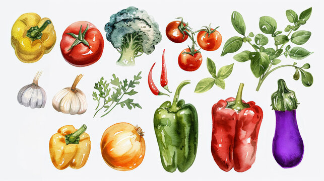 Beautiful set with watercolor hand drawn different vegetable paintings, watercolor illustration 
