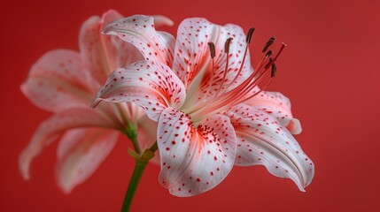 A close-up of a pink and white flower against a red background with a red spot at its center