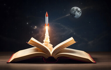A rocket emerging from the pages of an open book