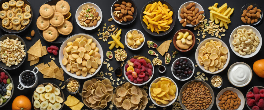 top view of various snacking on black background,   colorful background