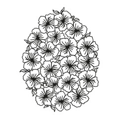 Easter egg flower background, hand drawn floral elements for spring holiday. Black and white line art compositions for coloring page. Vector illustrations for card or invitations