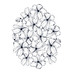 Easter egg flower background, hand drawn floral elements for spring holiday. Black and white line art compositions for coloring page. Vector illustrations for card or invitations